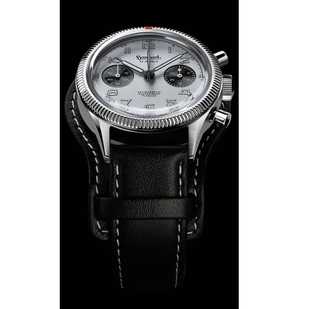 Hanhart 417 ES 1954 Flyback 39mm White Dial Black Strap