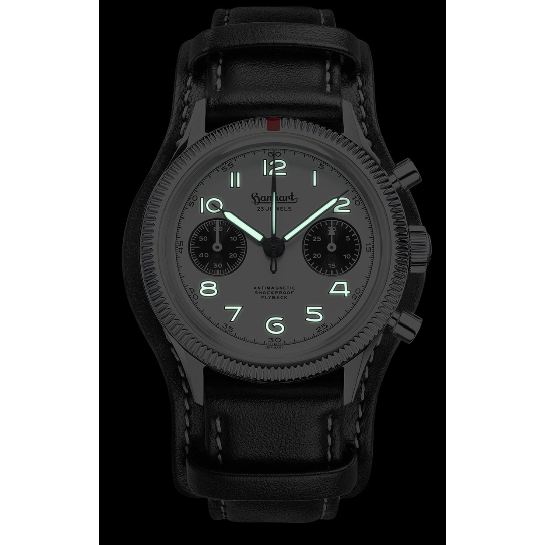 Hanhart 417 ES 1954 Flyback 39mm White Dial Black Strap