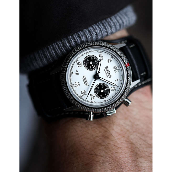 Hanhart 417 ES 1954 Flyback 39mm White Dial Black Strap
