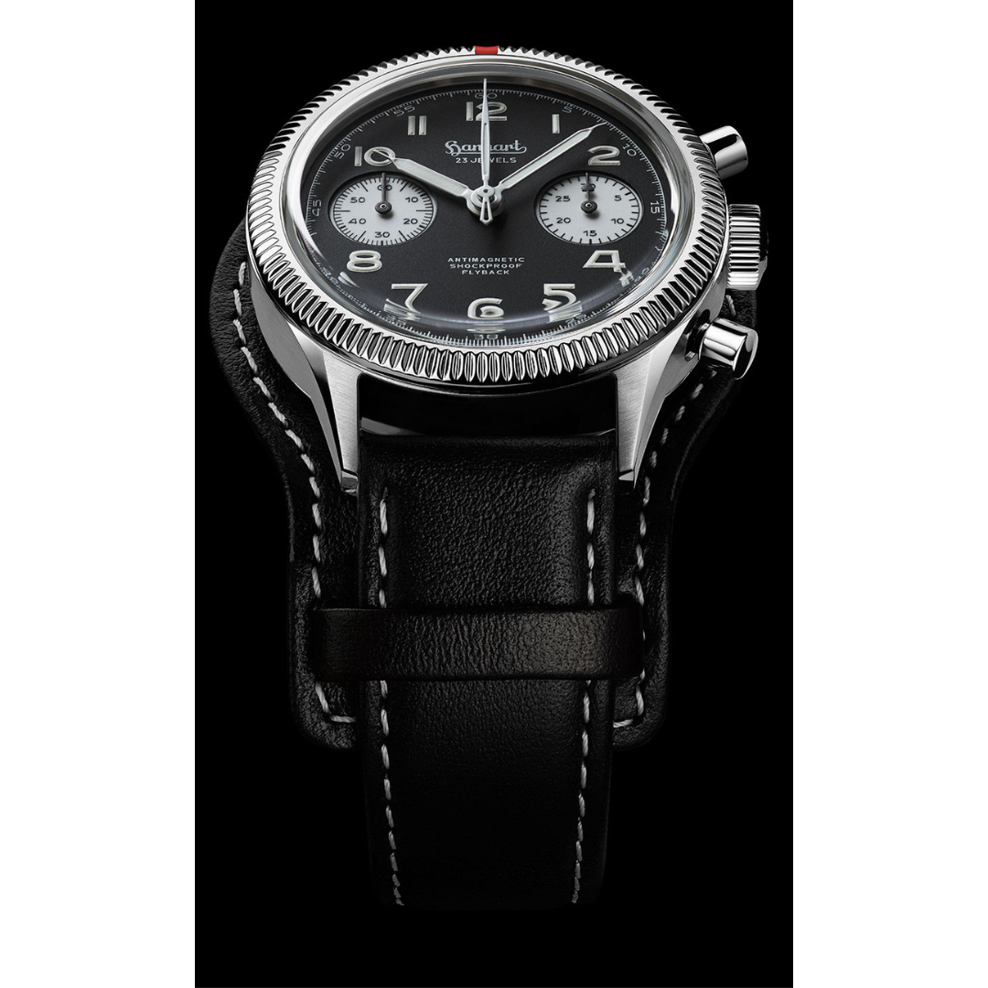 Hanhart 417 ES 1954 Flyback 39mm Black Dial Black Strap