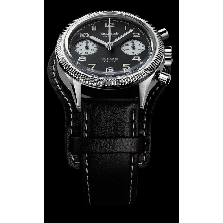 Hanhart 417 ES 1954 Flyback 39mm Black Dial Black Strap