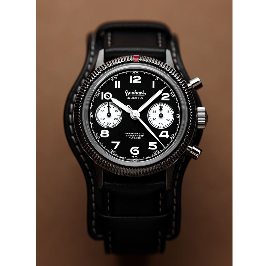 Hanhart 417 ES 1954 Flyback 39mm Black Dial Black Strap
