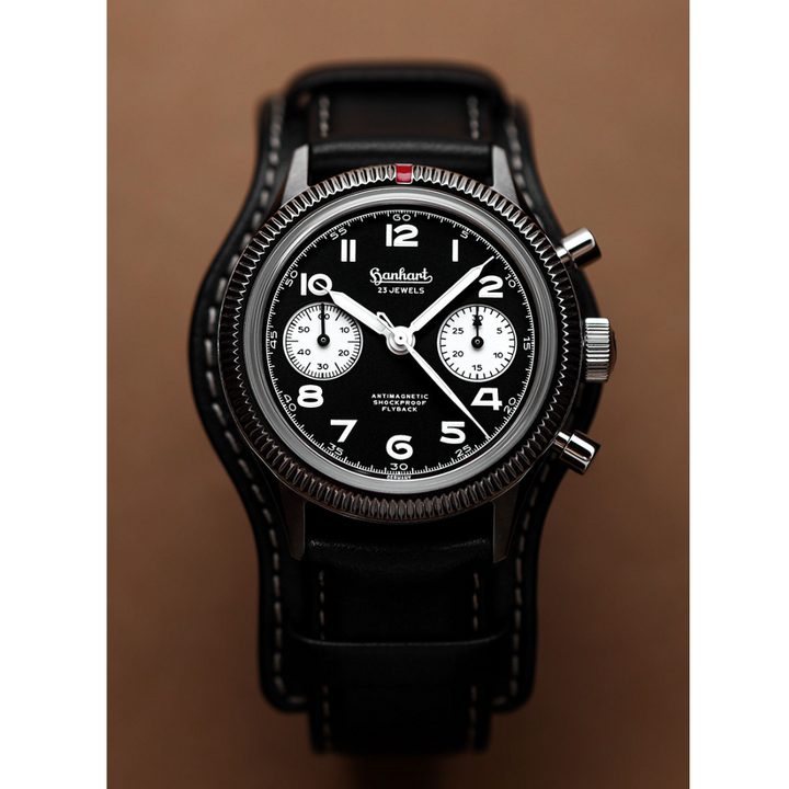 Hanhart 417 ES 1954 Flyback 39mm Black Dial Black Strap