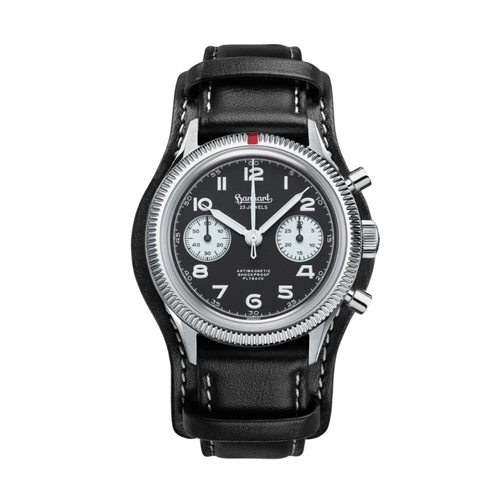 Hanhart 417 ES 1954 Flyback 39mm Black Dial Black Strap