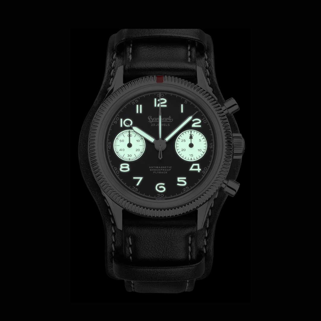 Hanhart 417 ES 1954 Flyback 39mm Black Dial Black Strap