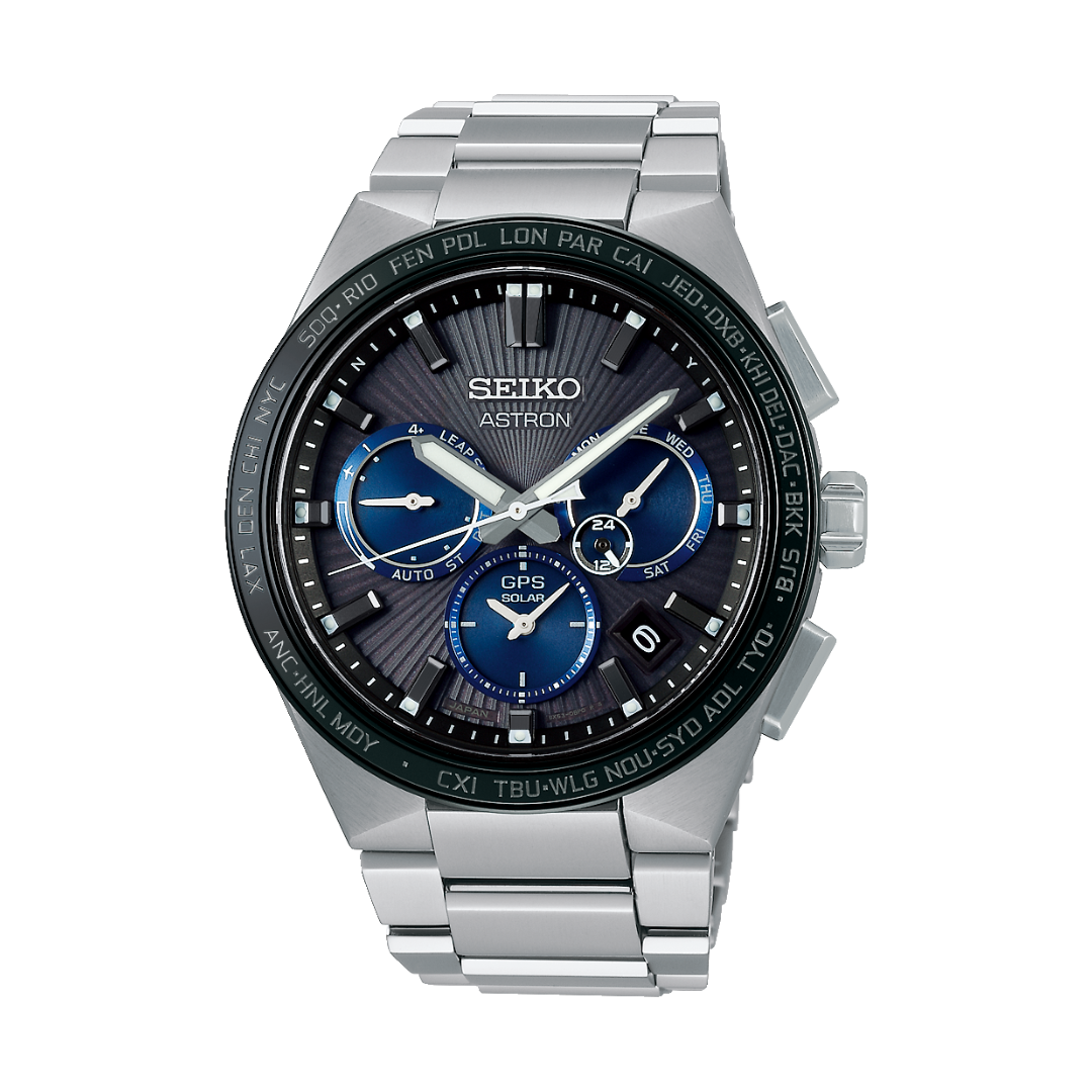 Seiko Astron 43.1mm Black &amp; Navy Dial Silver Strap