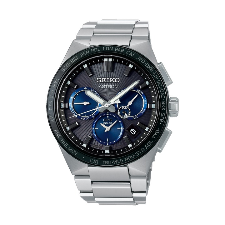 Seiko Astron 43.1mm Black &amp; Navy Dial Silver Strap
