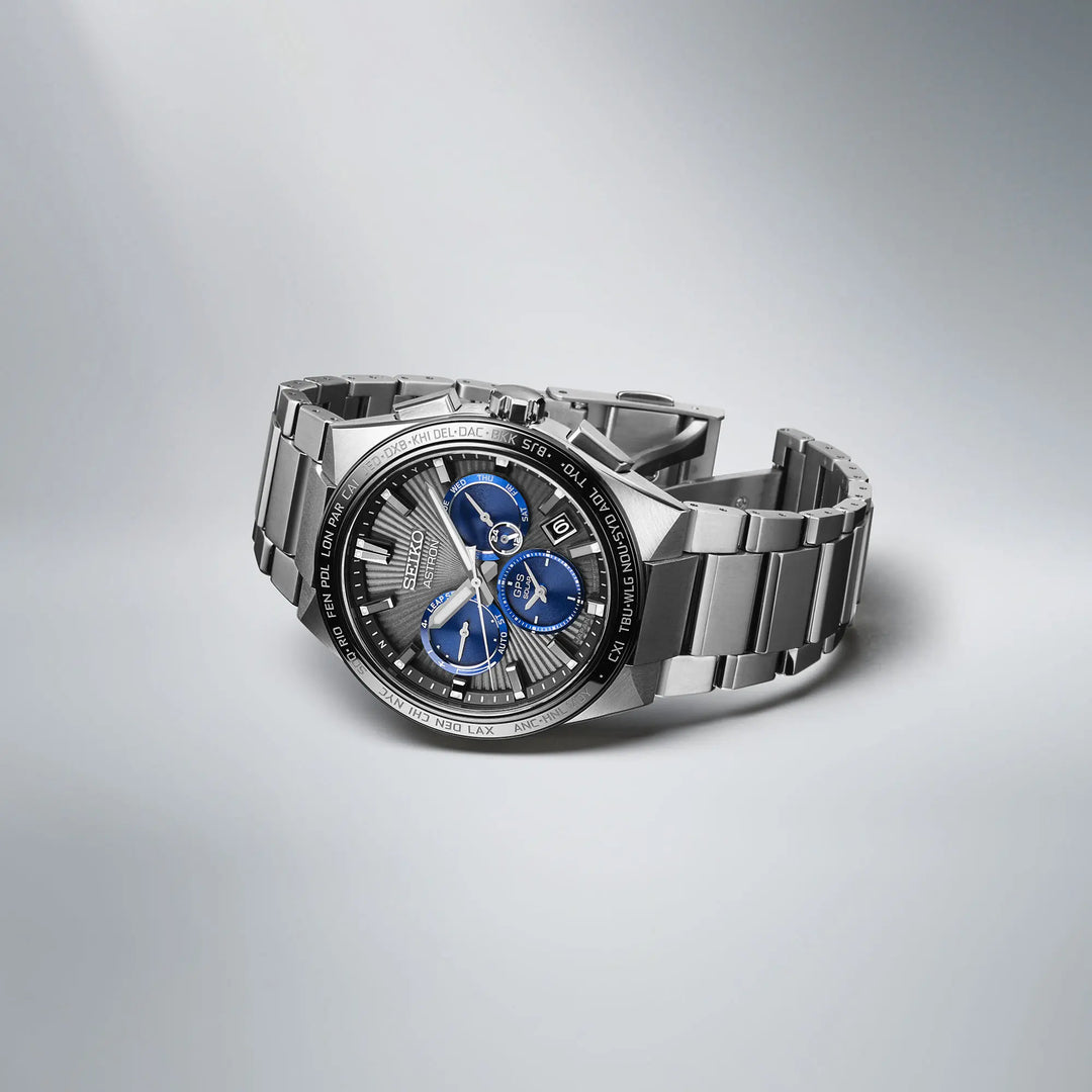 Seiko Astron 43.1mm Black &amp; Navy Dial Silver Strap