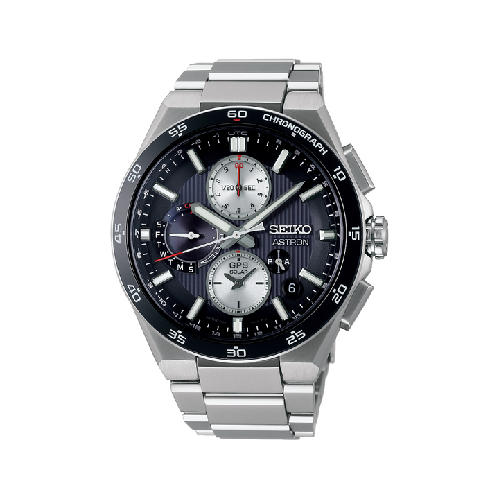 Seiko Astron 43.3mm Black &amp; White Dial Silver Strap