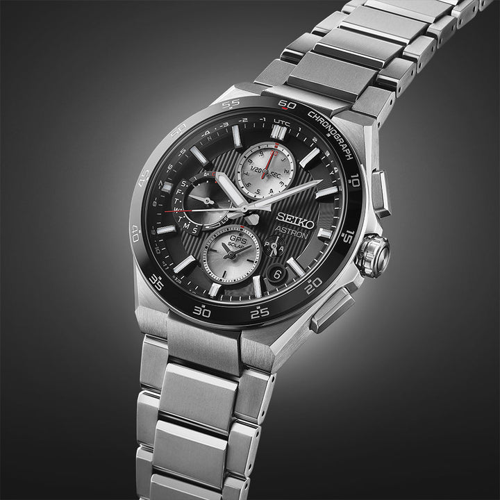 Seiko Astron 43.3mm Black &amp; White Dial Silver Strap