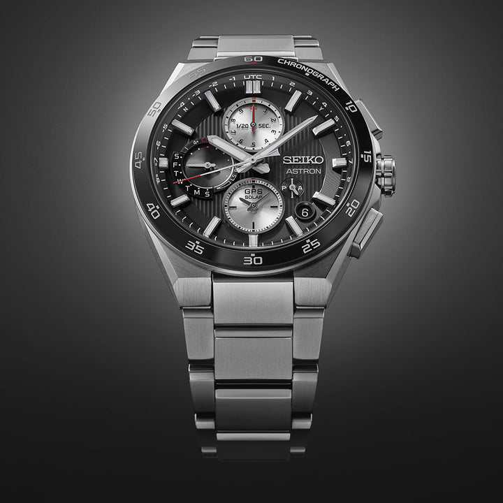 Seiko Astron 43.3mm Black &amp; White Dial Silver Strap