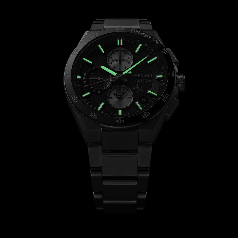 Seiko Astron 43.3mm Black &amp; White Dial Silver Strap