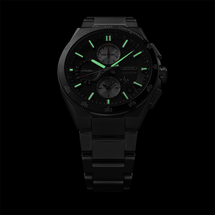 Seiko Astron 43.3mm Black &amp; White Dial Silver Strap