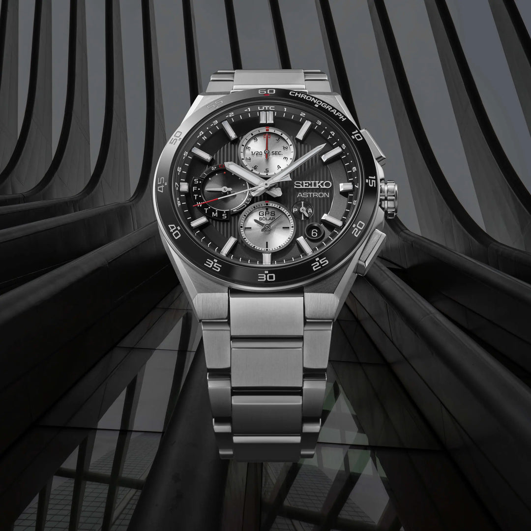 Seiko Astron 43.3mm Black &amp; White Dial Silver Strap
