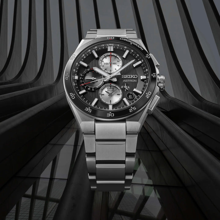 Seiko Astron 43.3mm Black &amp; White Dial Silver Strap