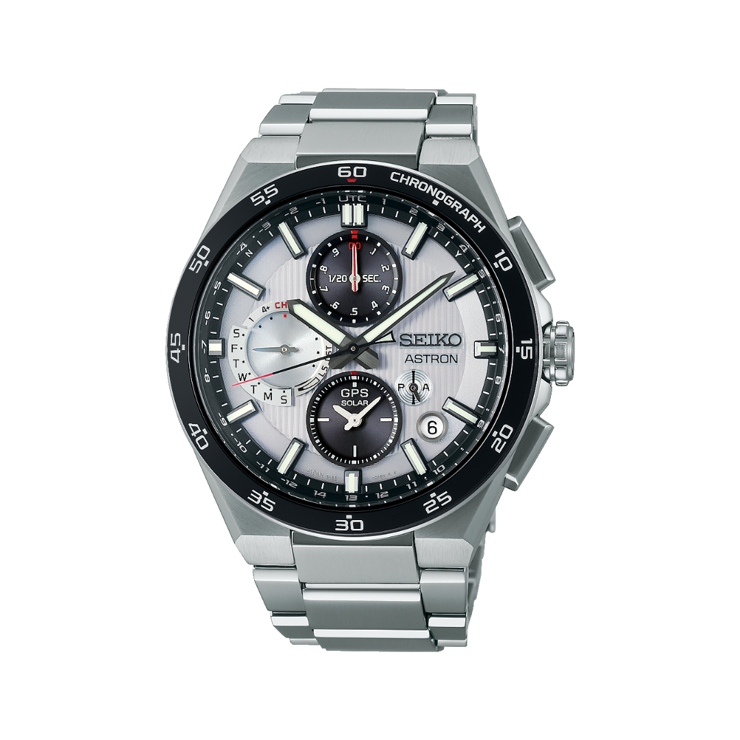 Seiko Astron 43.3mm Black &amp; White Dial Silver Strap
