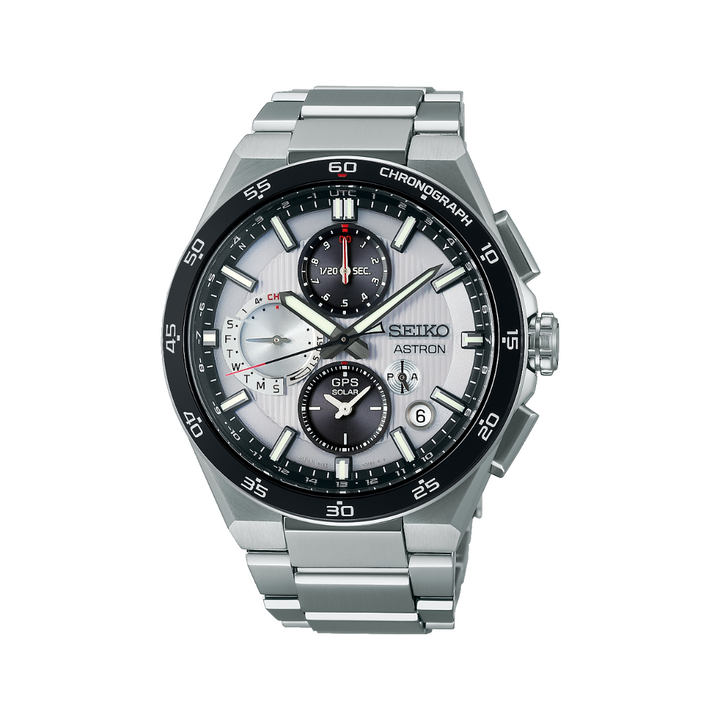 Seiko Astron 43.3mm Black &amp; White Dial Silver Strap