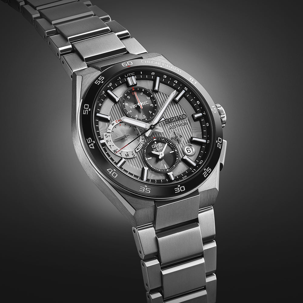 Seiko Astron 43.3mm Black &amp; White Dial Silver Strap