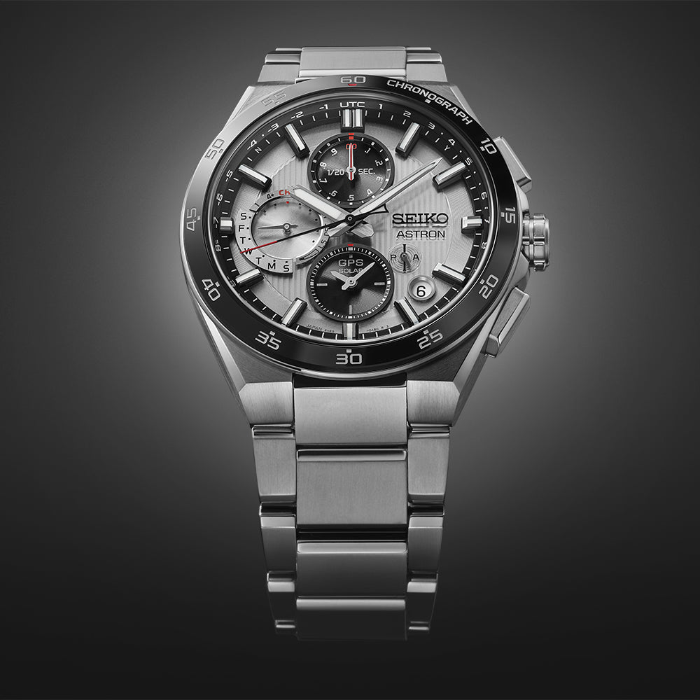 Seiko Astron 43.3mm Black &amp; White Dial Silver Strap