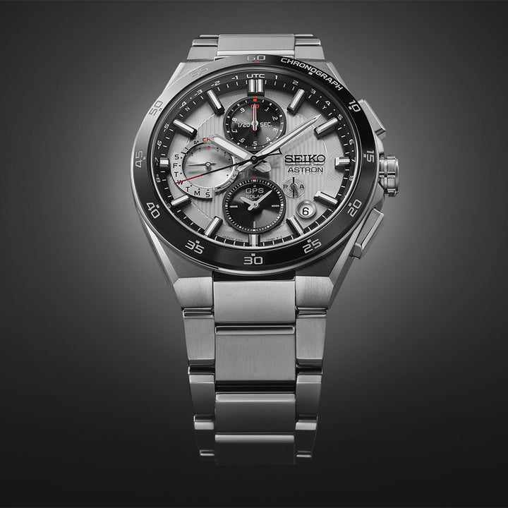 Seiko Astron 43.3mm Black &amp; White Dial Silver Strap