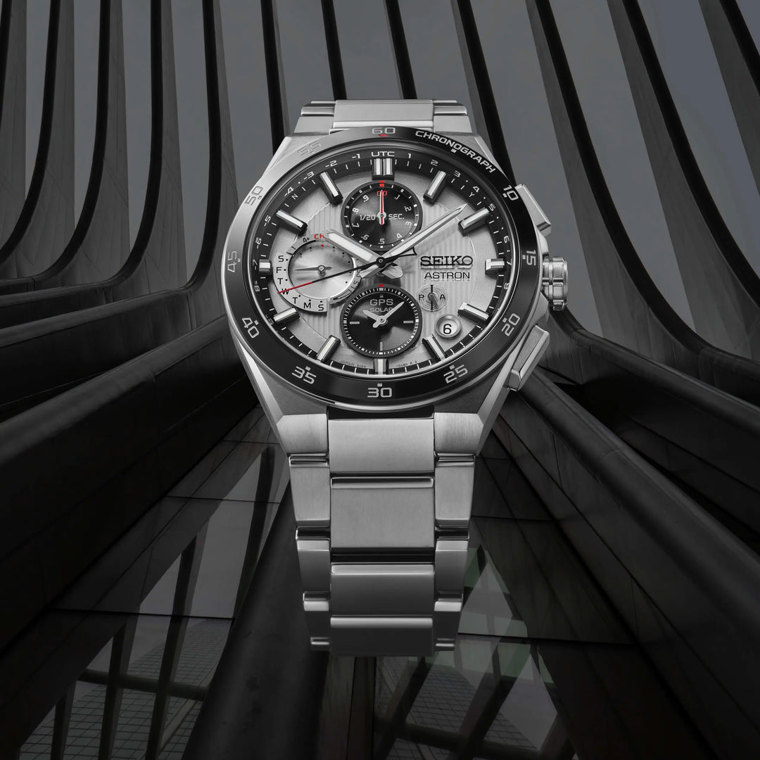 Seiko Astron 43.3mm Black &amp; White Dial Silver Strap