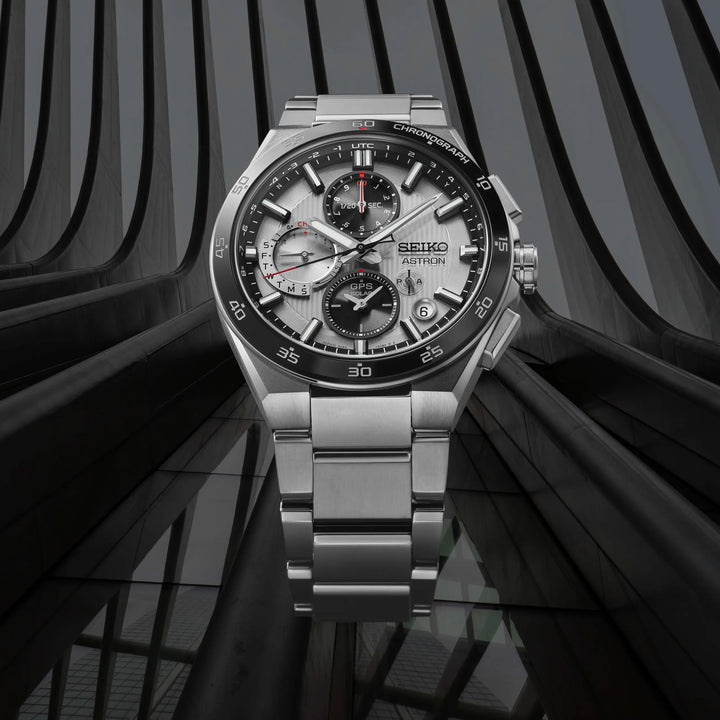 Seiko Astron 43.3mm Black &amp; White Dial Silver Strap