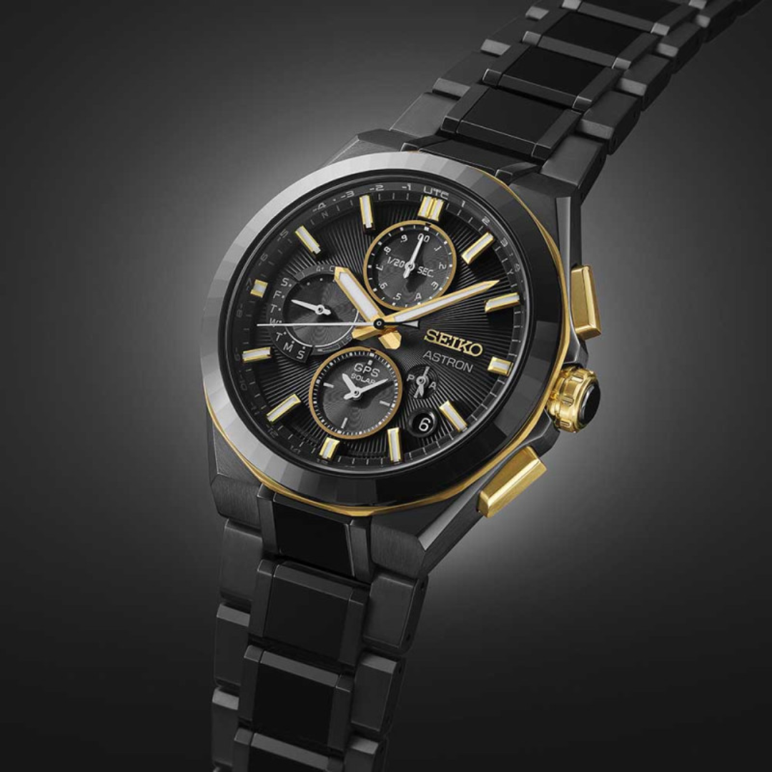 Seiko Astron 43.4mm Black &amp; White Dial Silver Strap