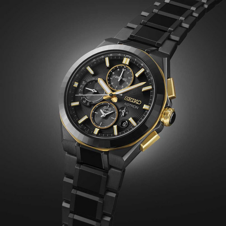 Seiko Astron 43.4mm Black &amp; White Dial Silver Strap
