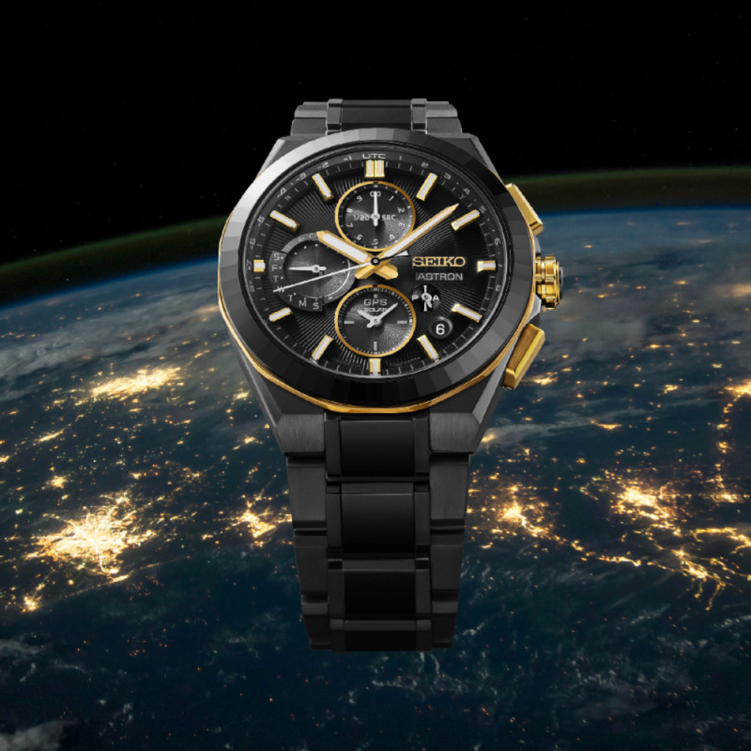 Seiko Astron 43.4mm Black &amp; White Dial Silver Strap