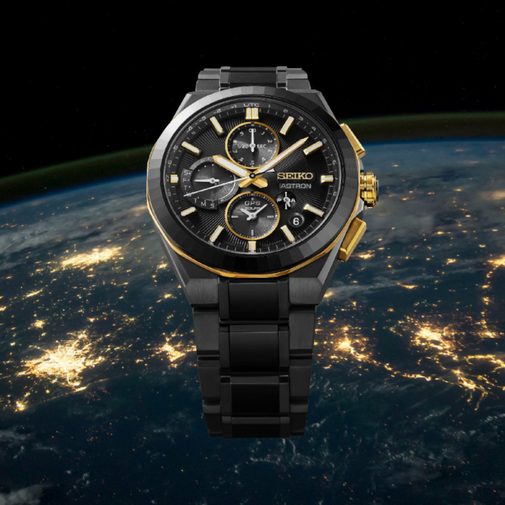 Seiko Astron 43.4mm Black &amp; White Dial Silver Strap
