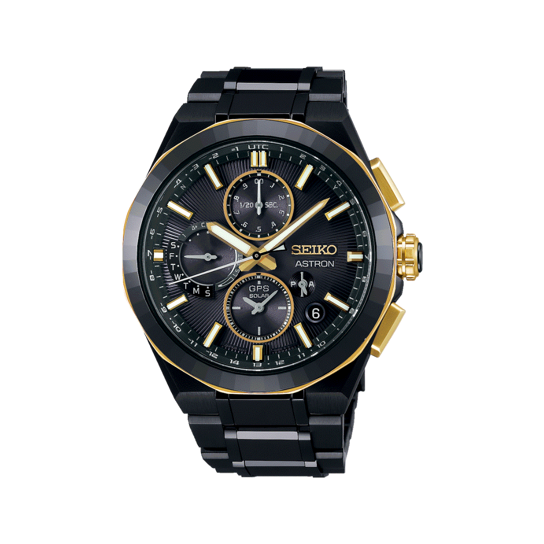 Seiko Astron 43.4mm Black &amp; White Dial Silver Strap