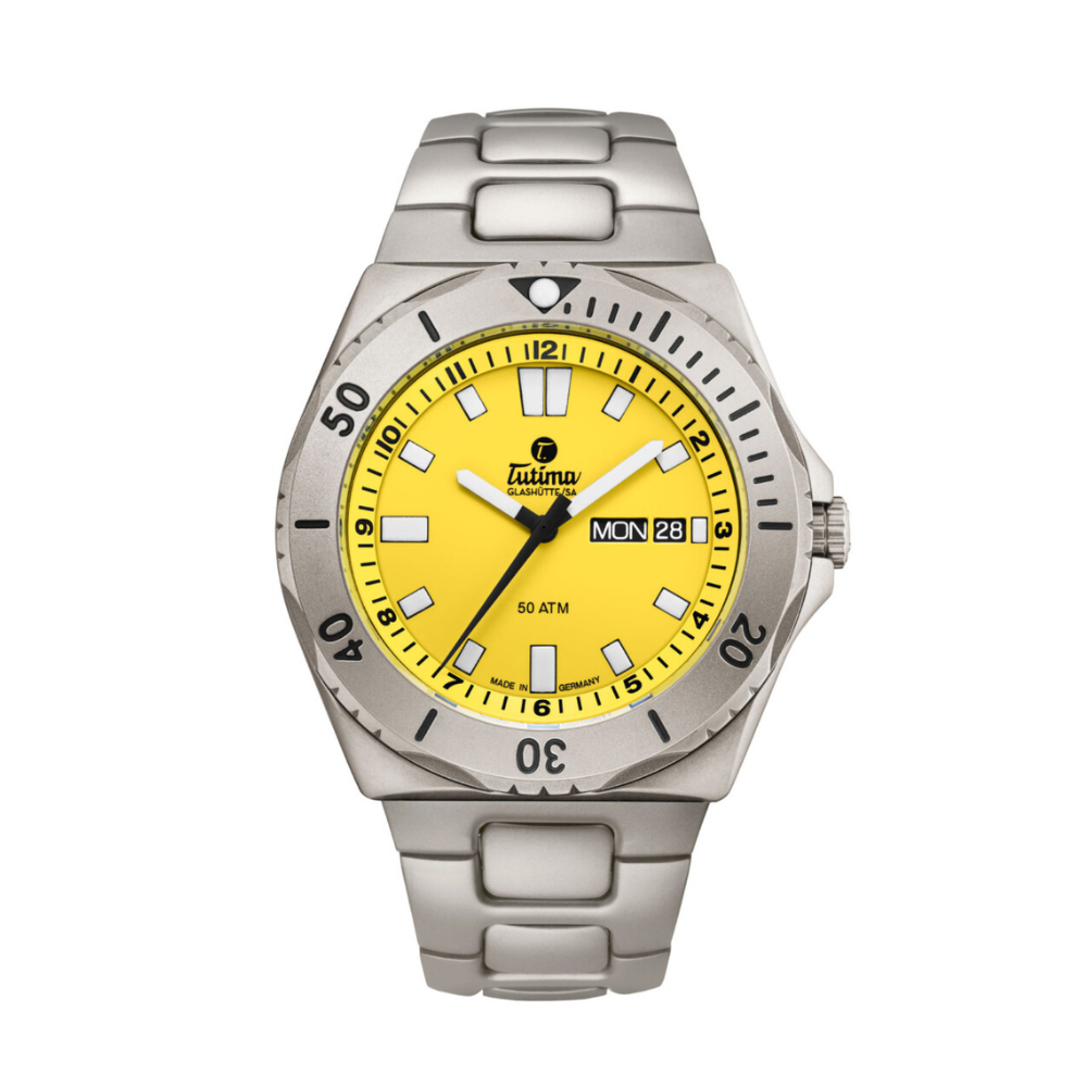 Tutima Glashütte M2 44mm Yellow Dial Silver Steel Bracelet