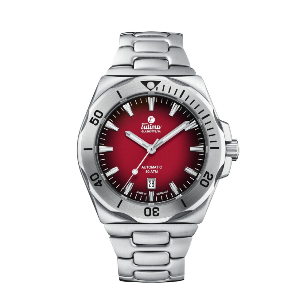 Tutima Glashütte M2 44mm Red Dial Silver Steel Bracelet