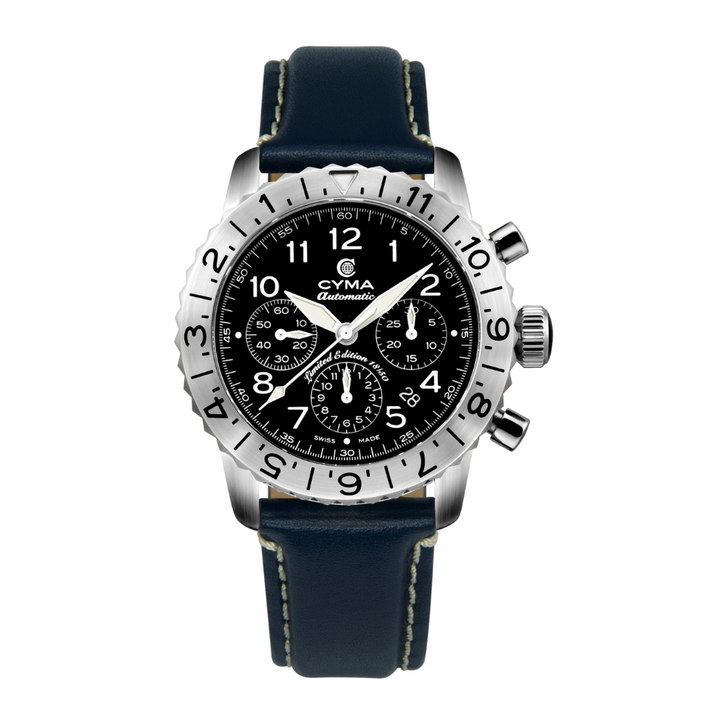 Cyma Grand Maestro Pilot Collection 42mm Black Dial Dark Blue Leather Strap