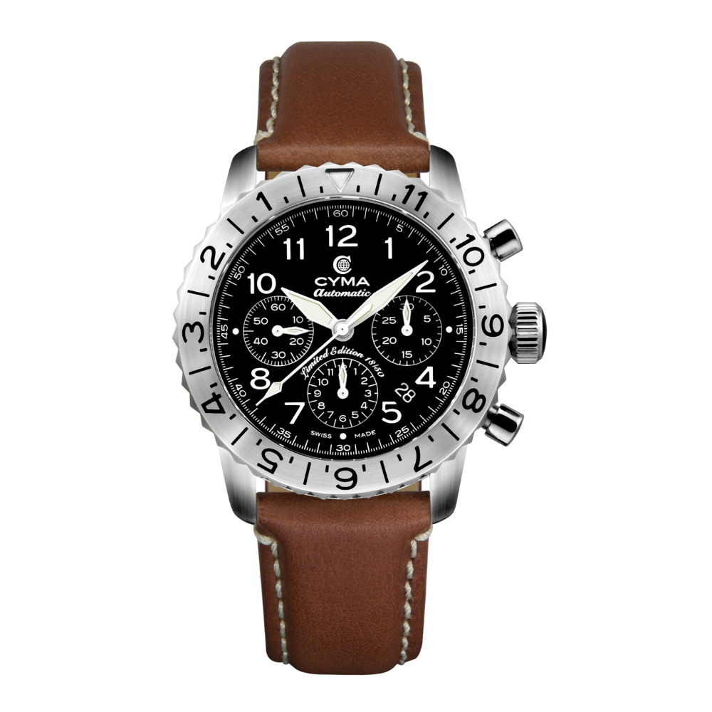 Cyma Grand Maestro Pilot Collection 42mm Black Dial Brown Leather Strap