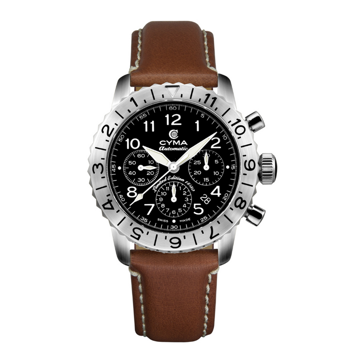 Cyma Grand Maestro Pilot Collection 42mm Black Dial Brown Leather Strap