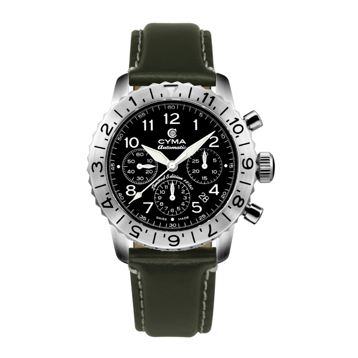 Cyma Grand Maestro Pilot Collection 42mm Black Dial Forest Green Leather Strap