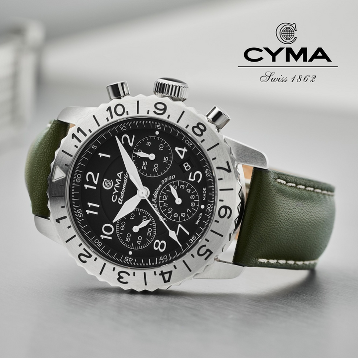 Cyma Grand Maestro Pilot Collection 42mm Black Dial Forest Green Leather Strap