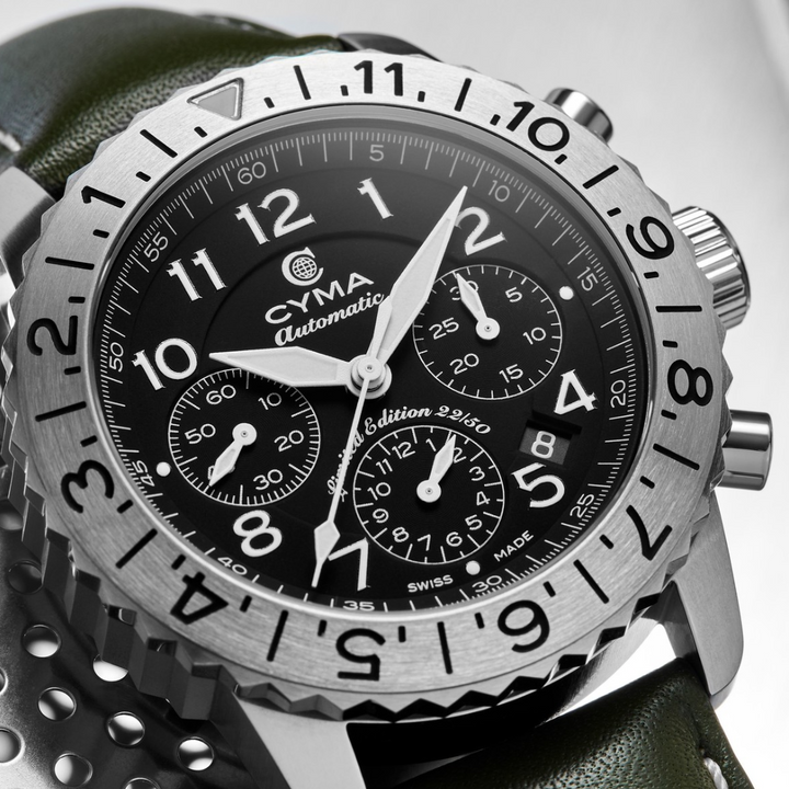 Cyma Grand Maestro Pilot Collection 42mm Black Dial Forest Green Leather Strap