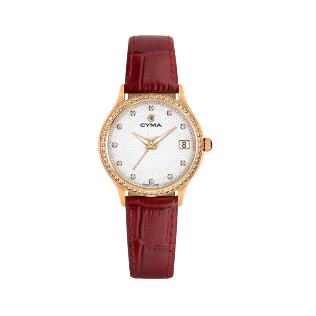 Cyma Belle Collection 30mm White dial with geometric pattern Dial Red Leather Strap