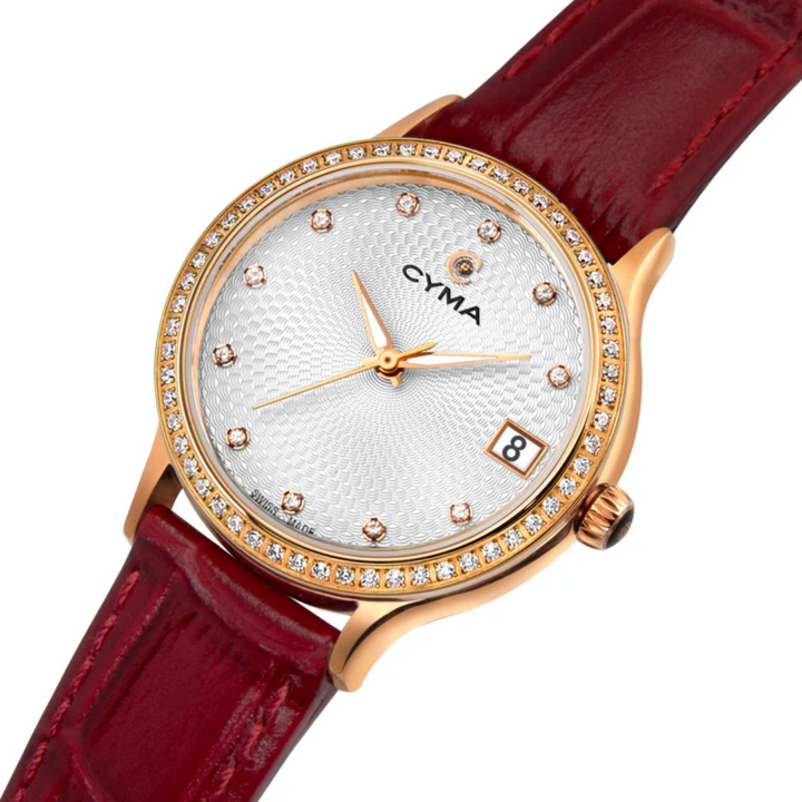 Cyma Belle Collection 30mm White dial with geometric pattern Dial Red Leather Strap