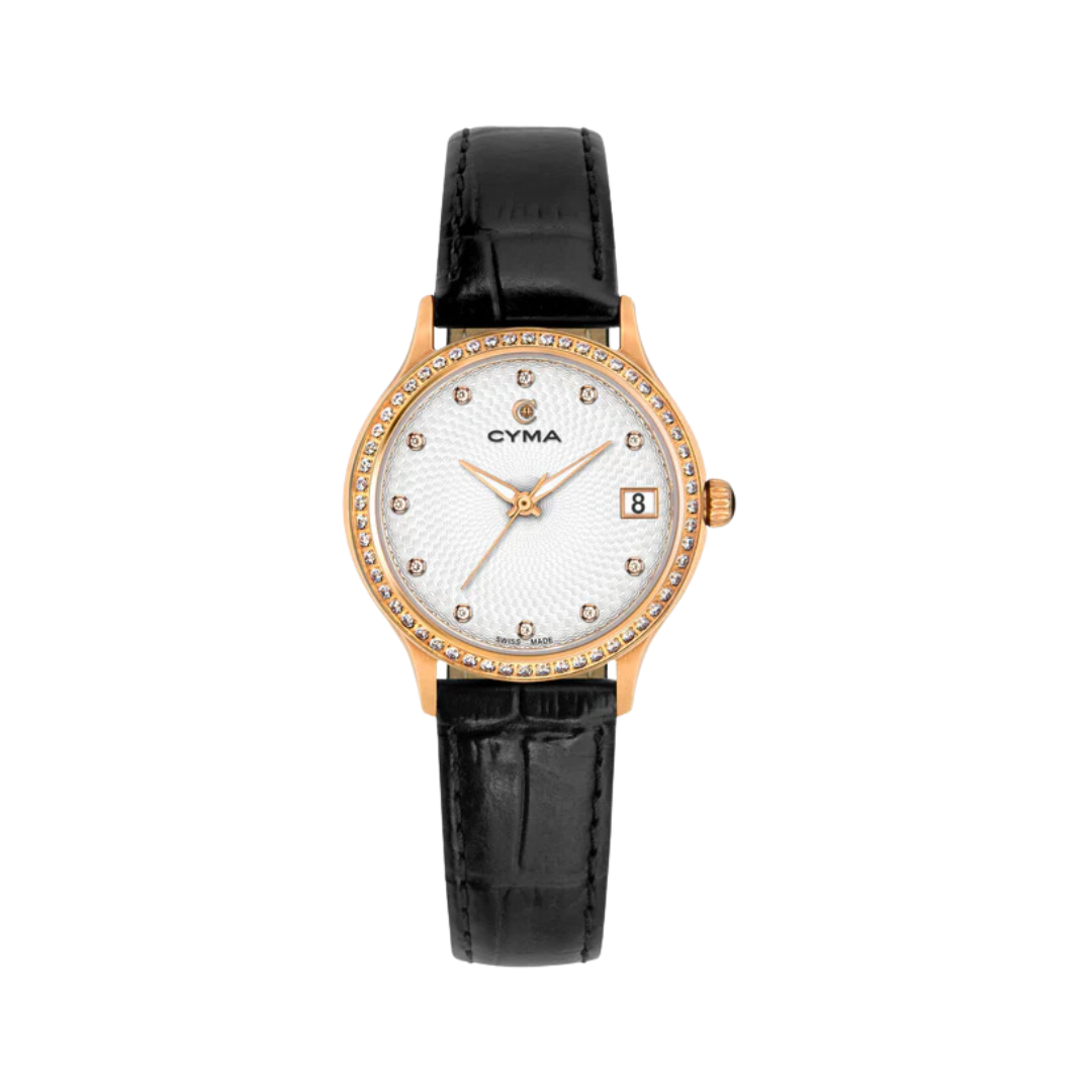 Cyma Belle Collection 30mm White dial with geometric pattern Dial Black Leather Strap