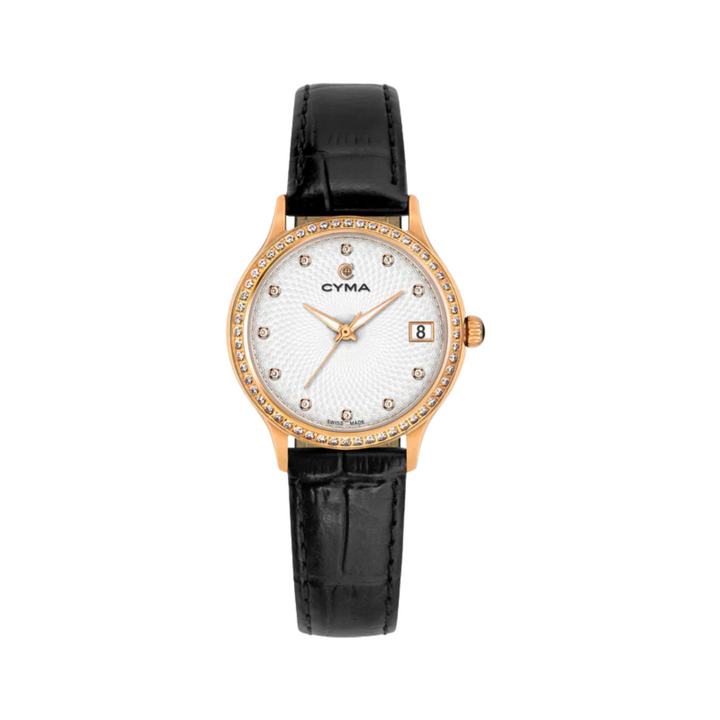 Cyma Belle Collection 30mm White dial with geometric pattern Dial Black Leather Strap
