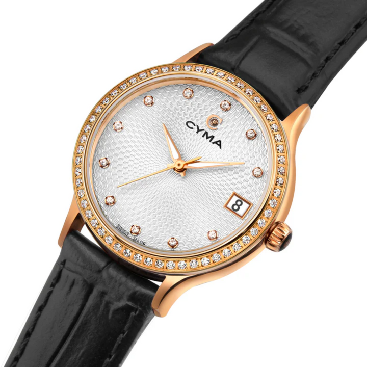 Cyma Belle Collection 30mm White dial with geometric pattern Dial Black Leather Strap
