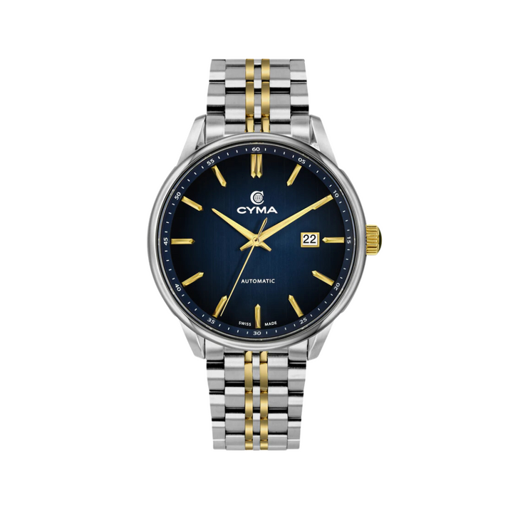 Cyma Charisma Collection 42mm Smoky deep blue dial with vertical brush finish Dial Silver / Yellow Gold Steel Bracelet