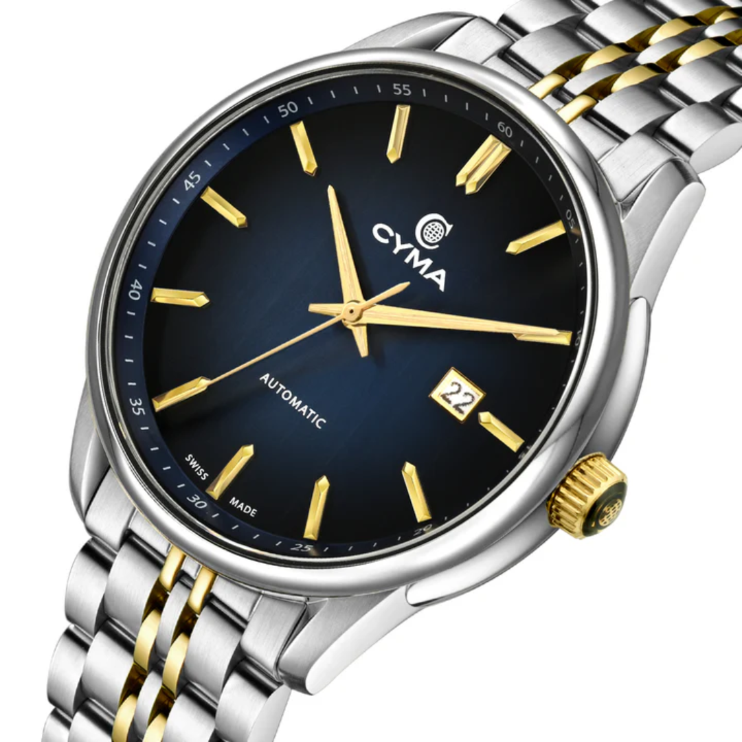 Cyma Charisma Collection 42mm Smoky deep blue dial with vertical brush finish Dial Silver / Yellow Gold Steel Bracelet
