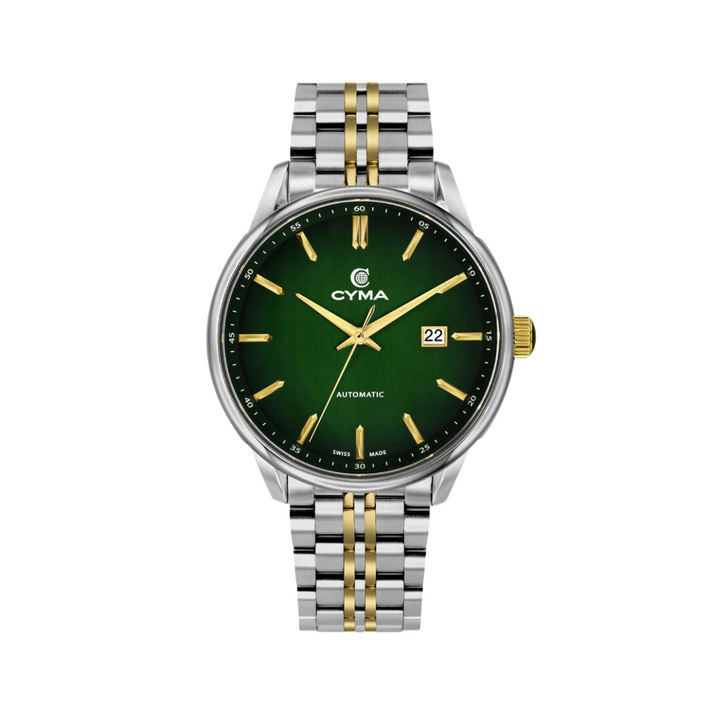 Cyma Charisma Collection 42mm Smoky dark green dial with vertical brush finish Dial Silver / Yellow Gold Steel Bracelet
