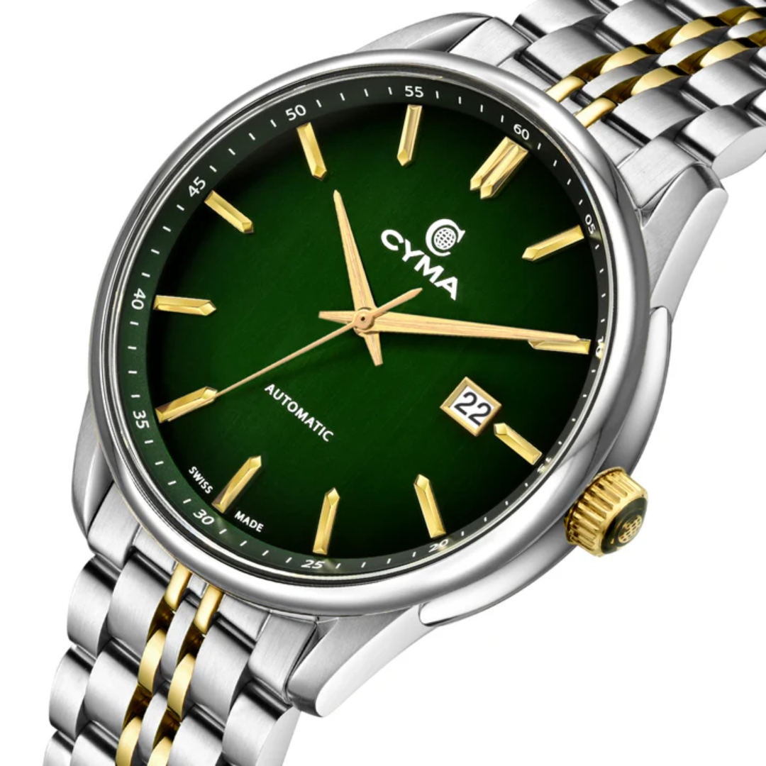 Cyma Charisma Collection 42mm Smoky dark green dial with vertical brush finish Dial Silver / Yellow Gold Steel Bracelet