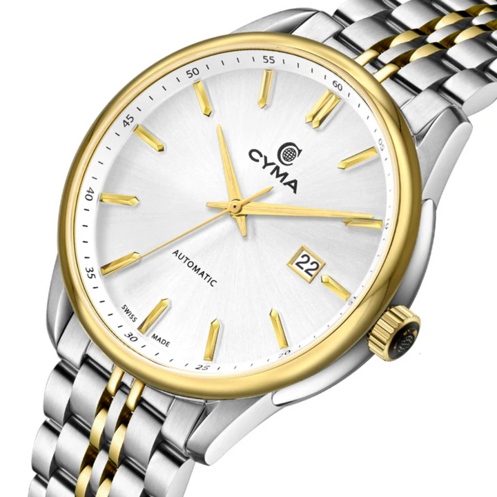 Cyma Charisma Collection 42mm Silver white dial with sunray finish Dial Silver / Yellow Gold Steel Bracelet