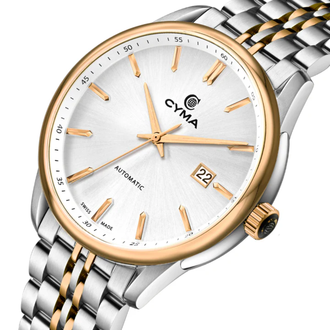 Cyma Charisma Collection 42mm Silver white dial with vertical brush finish Dial Silver / Rose Gold Steel Bracelet